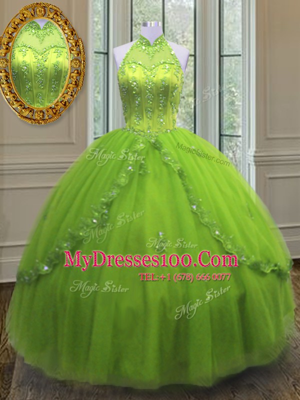 Stylish Tulle High-neck Sleeveless Lace Up Beading and Appliques Quinceanera Gown in Yellow Green