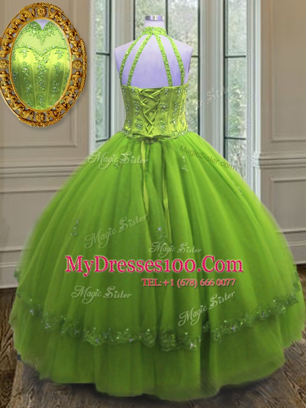 Stylish Tulle High-neck Sleeveless Lace Up Beading and Appliques Quinceanera Gown in Yellow Green