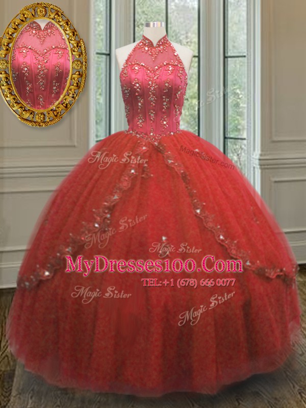 Wine Red Tulle Lace Up Halter Top Sleeveless Floor Length 15 Quinceanera Dress Beading and Appliques