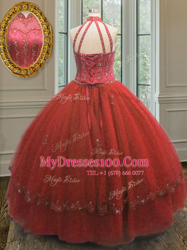 Wine Red Tulle Lace Up Halter Top Sleeveless Floor Length 15 Quinceanera Dress Beading and Appliques