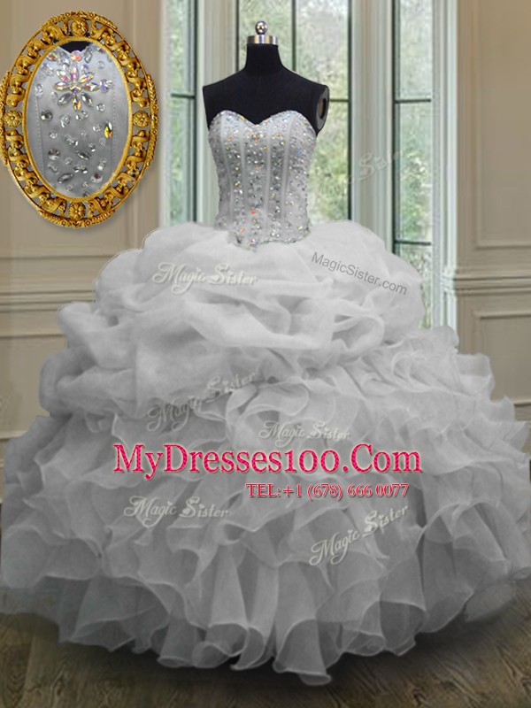 Pretty Floor Length Lace Up Ball Gown Prom Dress White for Military Ball and Sweet 16 and Quinceanera with Beading and Pick Ups
