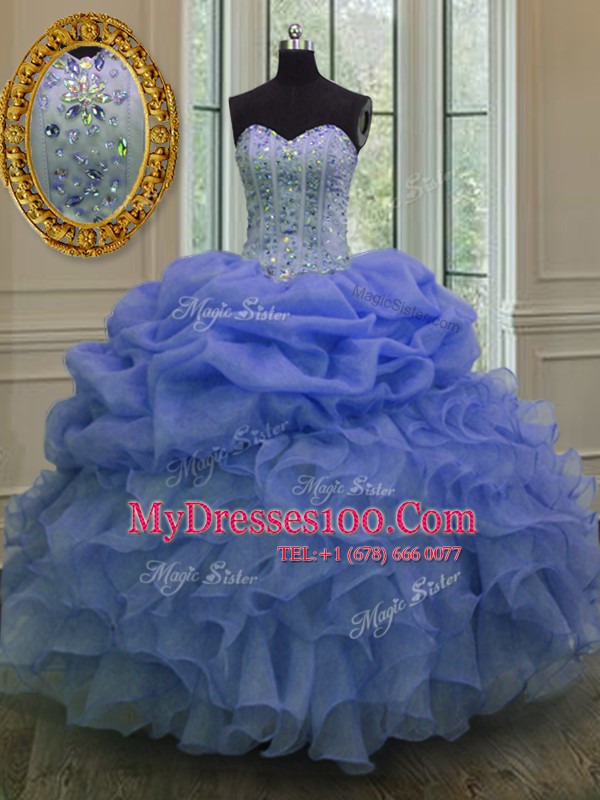 Discount Sleeveless Organza Floor Length Lace Up Vestidos de Quinceanera in Blue with Beading and Pick Ups