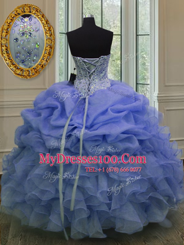 Discount Sleeveless Organza Floor Length Lace Up Vestidos de Quinceanera in Blue with Beading and Pick Ups