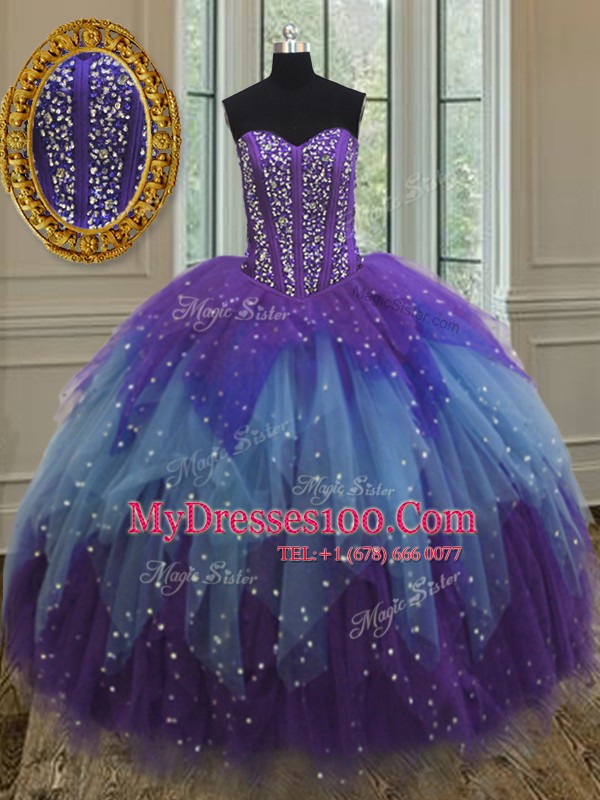 Multi-color Sleeveless Floor Length Beading and Ruffles and Sequins Lace Up Quinceanera Gowns