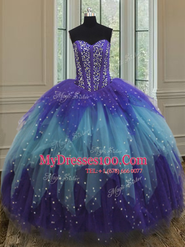 Multi-color Sleeveless Floor Length Beading and Ruffles and Sequins Lace Up Quinceanera Gowns
