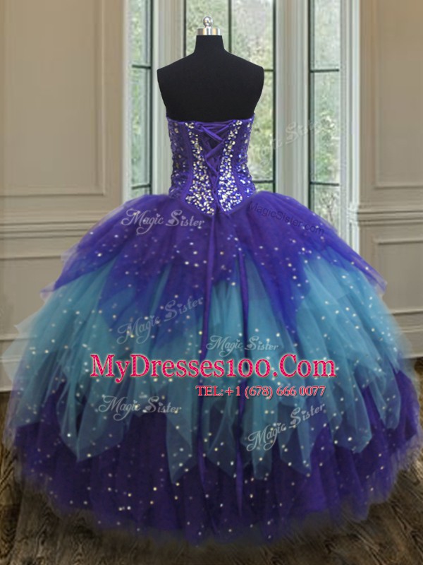 Multi-color Sleeveless Floor Length Beading and Ruffles and Sequins Lace Up Quinceanera Gowns