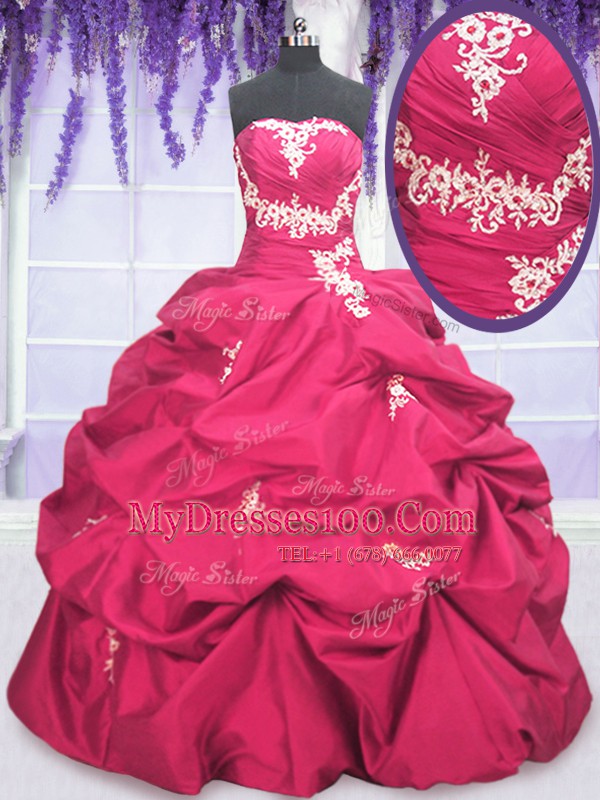 Hot Pink Taffeta Lace Up Quinceanera Dresses Long Sleeves Asymmetrical Appliques and Pick Ups