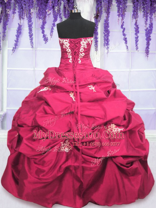 Hot Pink Taffeta Lace Up Quinceanera Dresses Long Sleeves Asymmetrical Appliques and Pick Ups