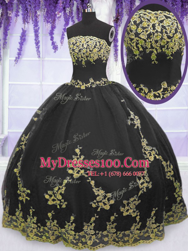 Eye-catching Strapless Sleeveless Ball Gown Prom Dress Floor Length Appliques Black Tulle