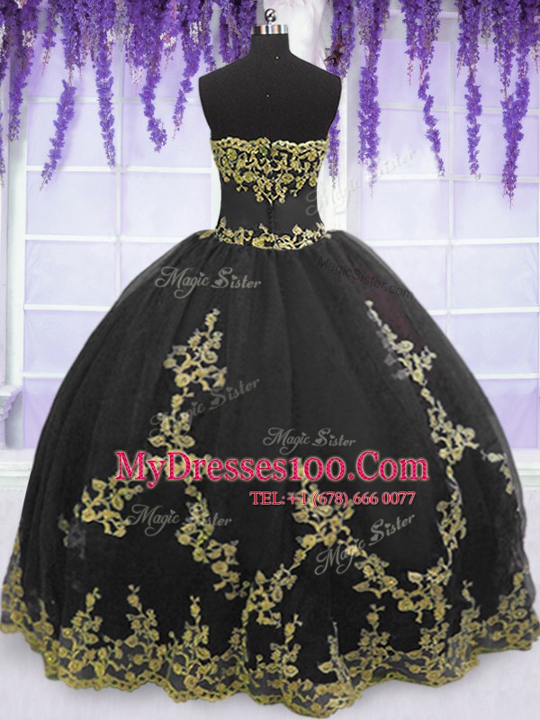 Eye-catching Strapless Sleeveless Ball Gown Prom Dress Floor Length Appliques Black Tulle