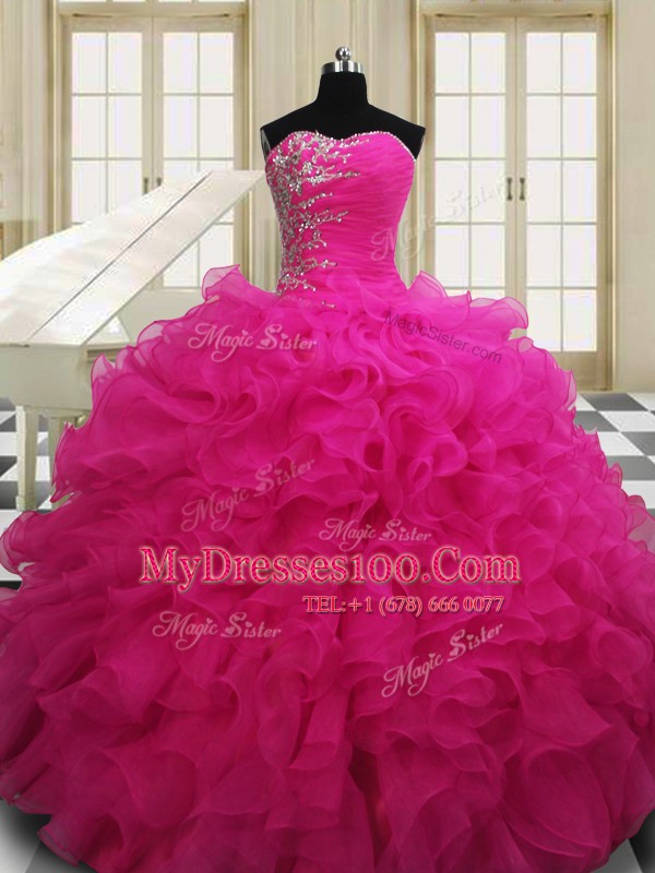 Extravagant Floor Length Zipper 15th Birthday Dress Hot Pink for Military Ball and Sweet 16 and Quinceanera with Beading