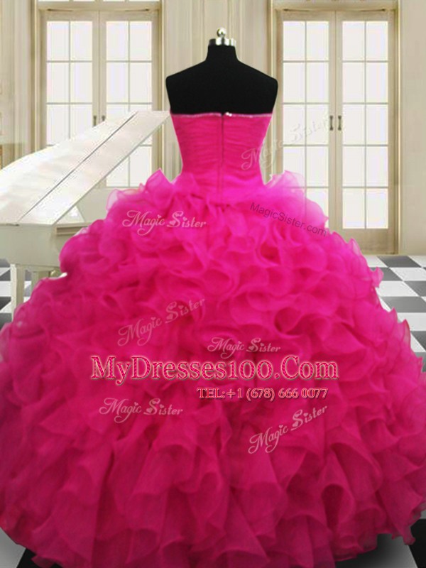 Extravagant Floor Length Zipper 15th Birthday Dress Hot Pink for Military Ball and Sweet 16 and Quinceanera with Beading