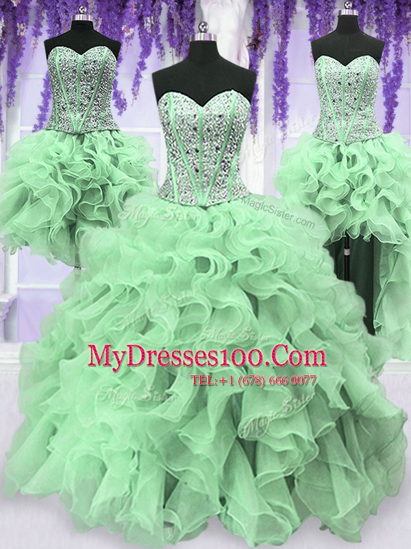 Nice Four Piece Floor Length Lace Up Quinceanera Dresses Apple Green for Military Ball and Sweet 16 and Quinceanera with Beading and Ruffles