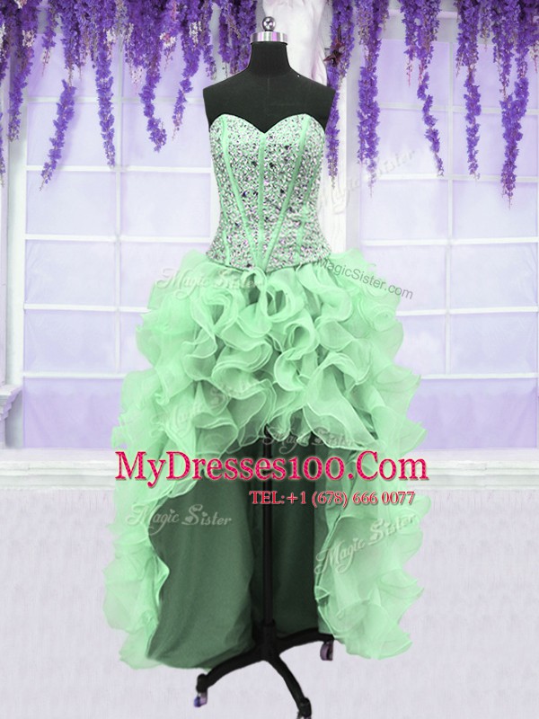 Nice Four Piece Floor Length Lace Up Quinceanera Dresses Apple Green for Military Ball and Sweet 16 and Quinceanera with Beading and Ruffles