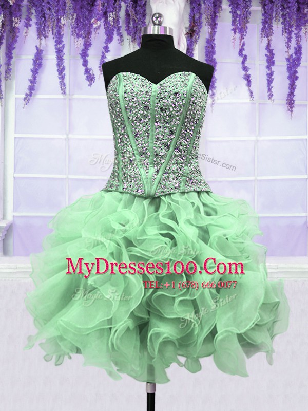 Nice Four Piece Floor Length Lace Up Quinceanera Dresses Apple Green for Military Ball and Sweet 16 and Quinceanera with Beading and Ruffles