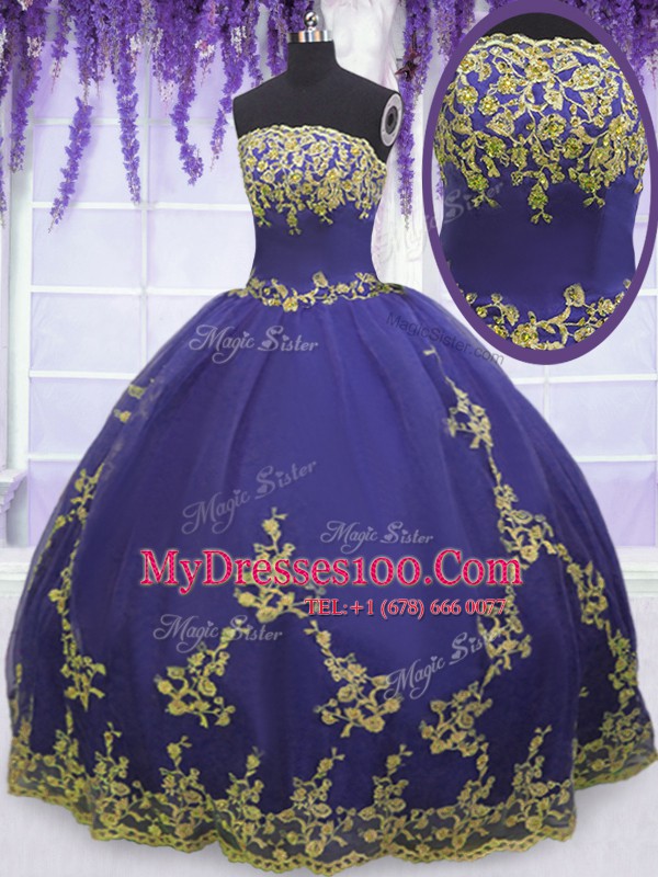 Decent Purple Ball Gowns Appliques Quinceanera Dresses Zipper Tulle Sleeveless Floor Length