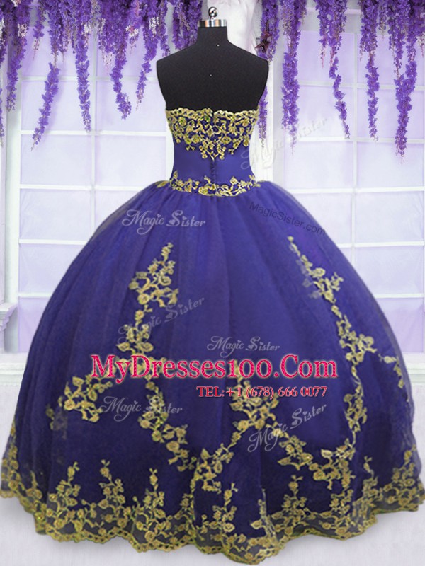 Decent Purple Ball Gowns Appliques Quinceanera Dresses Zipper Tulle Sleeveless Floor Length
