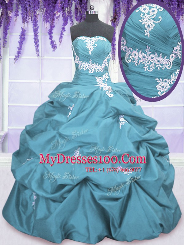 Trendy Taffeta Sleeveless Floor Length 15th Birthday Dress and Appliques and Pick Ups