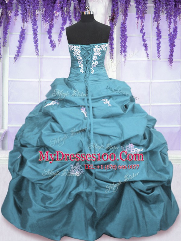 Trendy Taffeta Sleeveless Floor Length 15th Birthday Dress and Appliques and Pick Ups