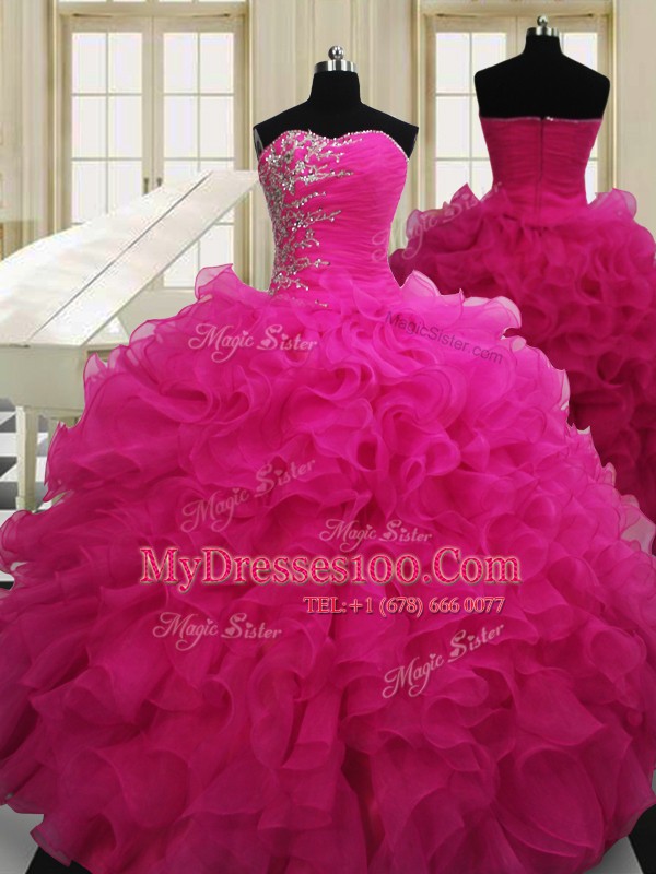 Four Piece Beading Quinceanera Dresses Hot Pink Zipper Sleeveless Floor Length