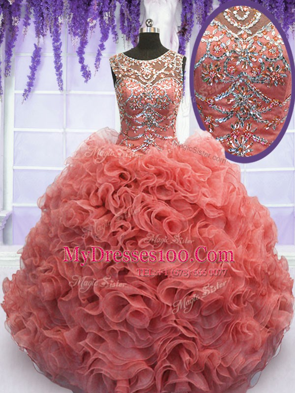 Smart Coral Red Scoop Neckline Beading and Ruffles 15th Birthday Dress Sleeveless Lace Up