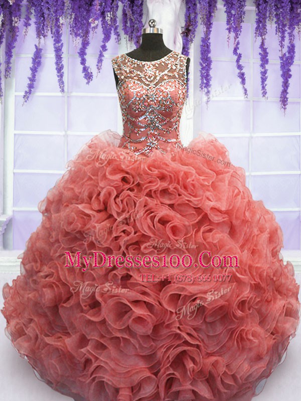 Smart Coral Red Scoop Neckline Beading and Ruffles 15th Birthday Dress Sleeveless Lace Up