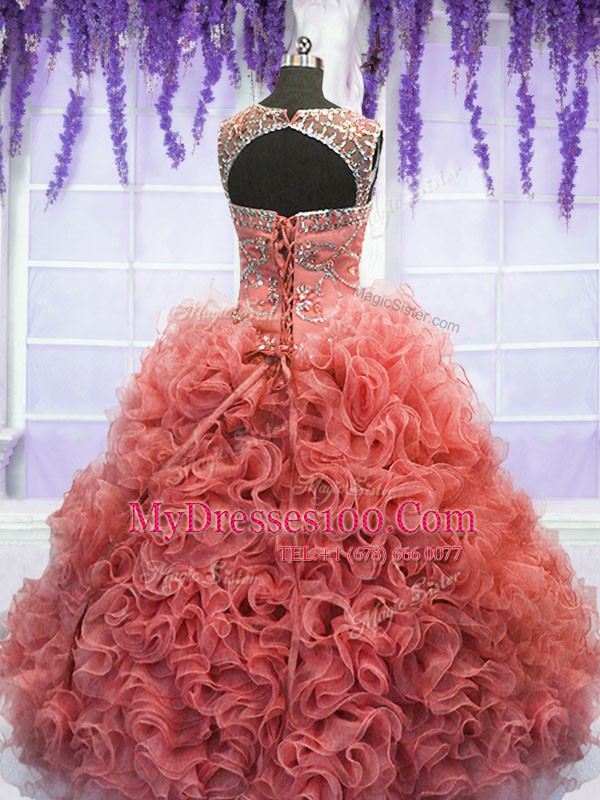 Smart Coral Red Scoop Neckline Beading and Ruffles 15th Birthday Dress Sleeveless Lace Up