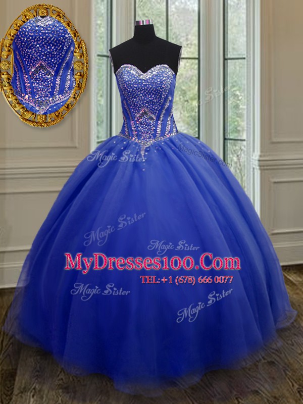 Latest Royal Blue Ball Gowns Sweetheart Sleeveless Organza Floor Length Lace Up Beading and Belt Quinceanera Dresses