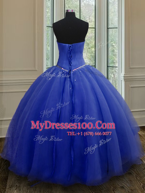 Latest Royal Blue Ball Gowns Sweetheart Sleeveless Organza Floor Length Lace Up Beading and Belt Quinceanera Dresses