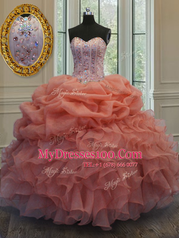 Glittering Pick Ups Ball Gowns Quinceanera Gowns Orange Red Sweetheart Organza Sleeveless Floor Length Lace Up