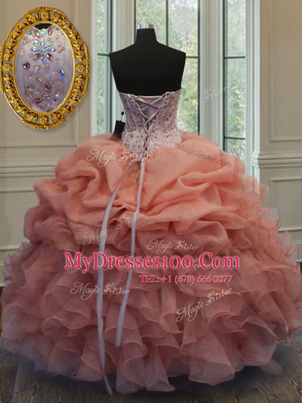 Glittering Pick Ups Ball Gowns Quinceanera Gowns Orange Red Sweetheart Organza Sleeveless Floor Length Lace Up