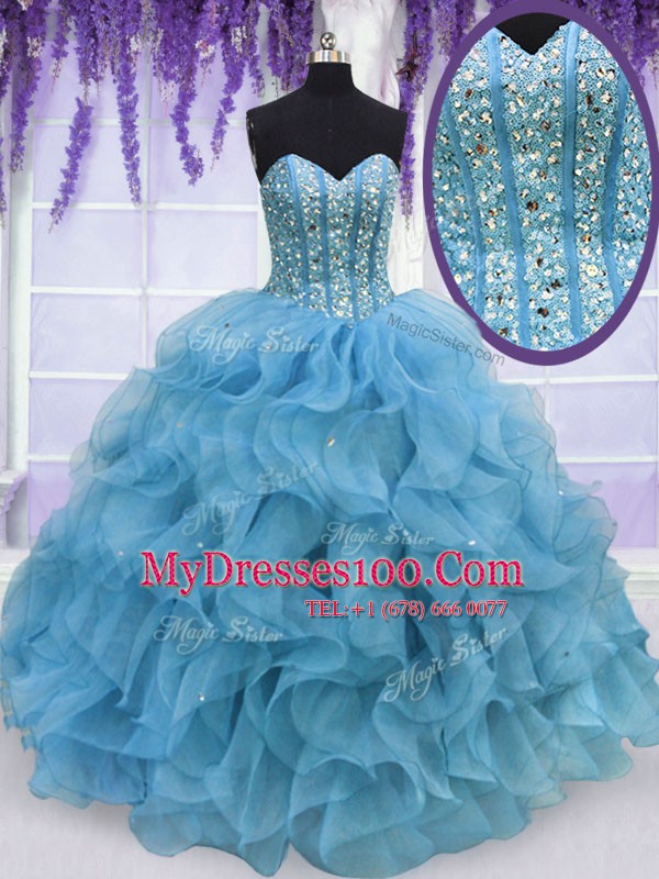 Smart Aqua Blue Organza Lace Up Ball Gown Prom Dress Sleeveless Floor Length Beading and Ruffles