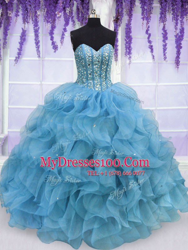 Smart Aqua Blue Organza Lace Up Ball Gown Prom Dress Sleeveless Floor Length Beading and Ruffles