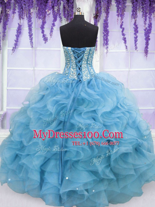 Smart Aqua Blue Organza Lace Up Ball Gown Prom Dress Sleeveless Floor Length Beading and Ruffles