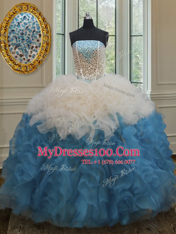Floor Length Blue And White Quinceanera Dresses Strapless Sleeveless Side Zipper