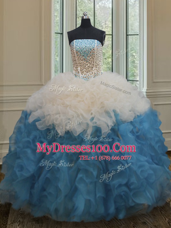 Floor Length Blue And White Quinceanera Dresses Strapless Sleeveless Side Zipper