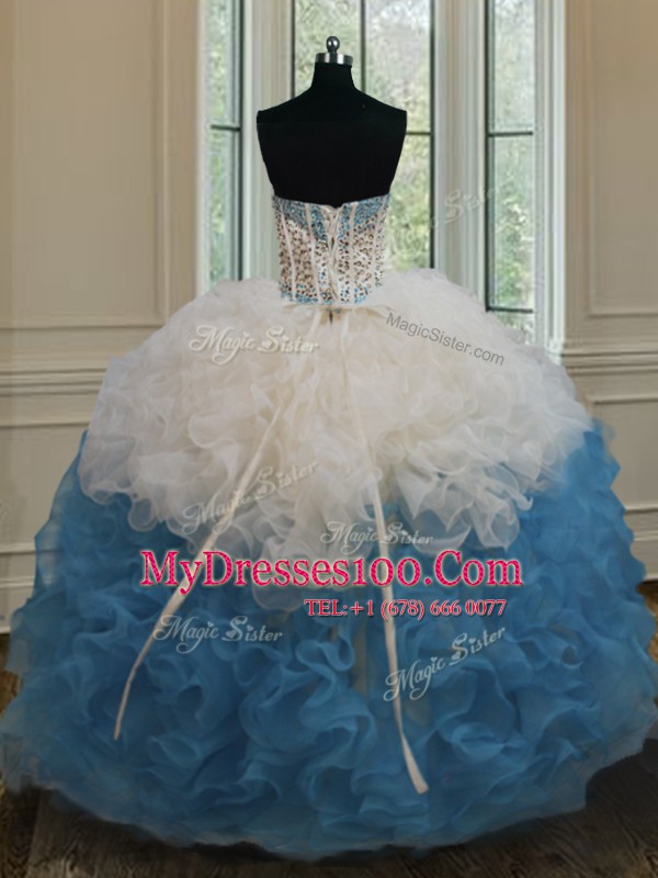 Floor Length Blue And White Quinceanera Dresses Strapless Sleeveless Side Zipper