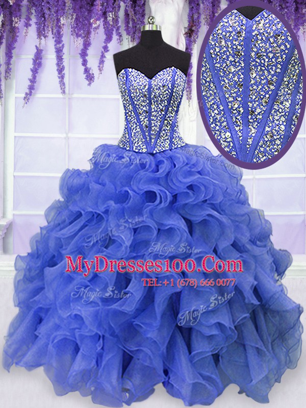 Inexpensive Sweetheart Sleeveless Lace Up 15th Birthday Dress Royal Blue Organza
