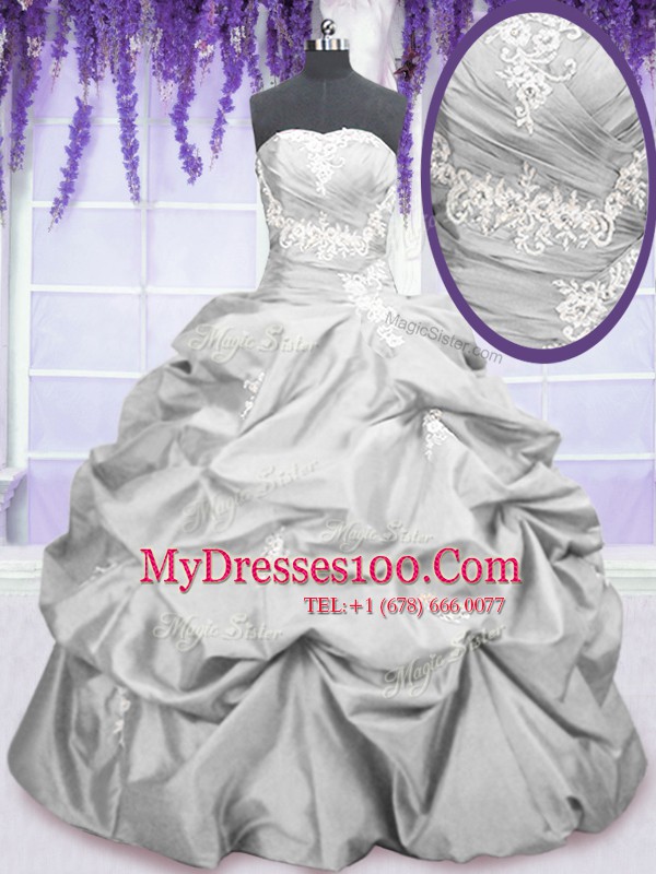 Customized Pick Ups Floor Length Ball Gowns Sleeveless Silver Sweet 16 Dresses Lace Up