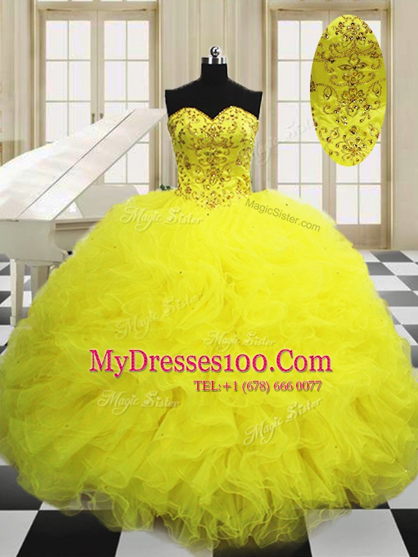 Custom Fit Ball Gowns 15 Quinceanera Dress Light Yellow Sweetheart Tulle Sleeveless Floor Length Lace Up