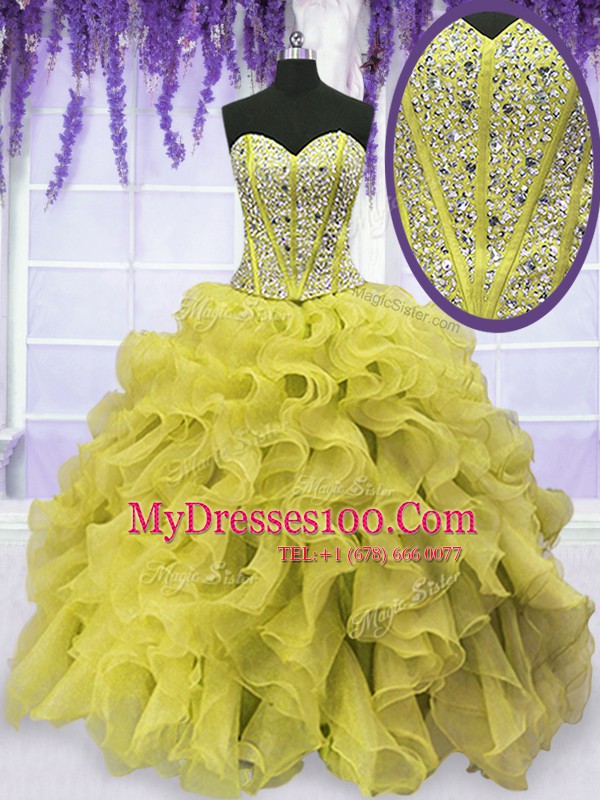 Ball Gowns Ball Gown Prom Dress Gold Sweetheart Organza Sleeveless Floor Length Lace Up