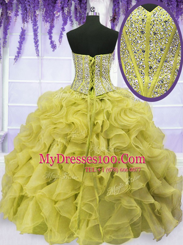 Ball Gowns Ball Gown Prom Dress Gold Sweetheart Organza Sleeveless Floor Length Lace Up