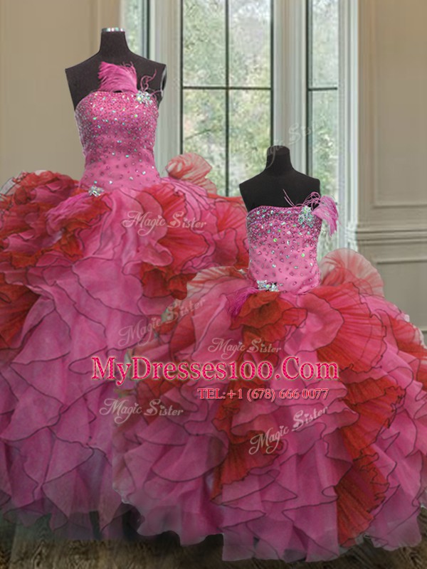 Exceptional Strapless Sleeveless Organza Sweet 16 Quinceanera Dress Beading and Ruffles Lace Up