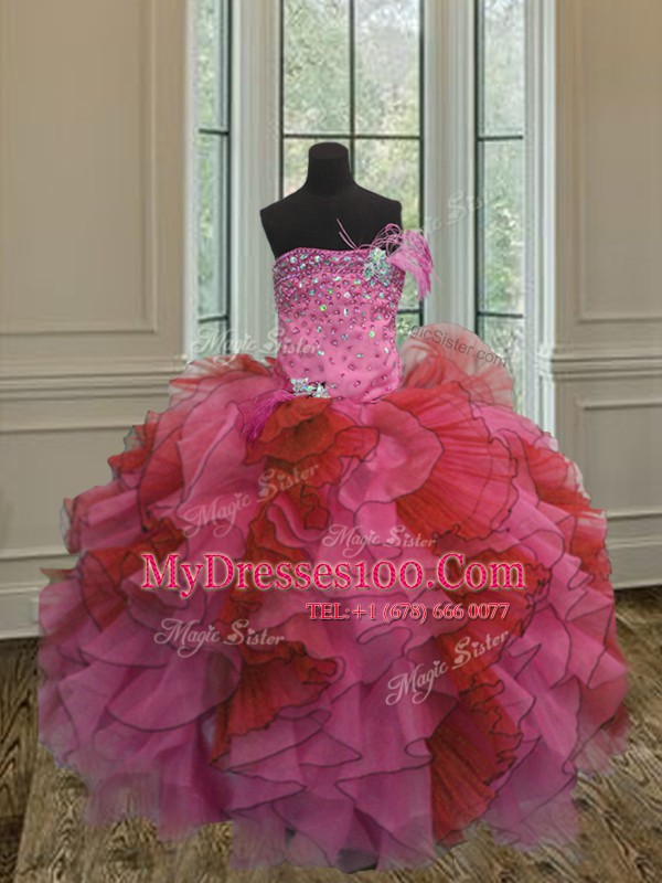 Exceptional Strapless Sleeveless Organza Sweet 16 Quinceanera Dress Beading and Ruffles Lace Up