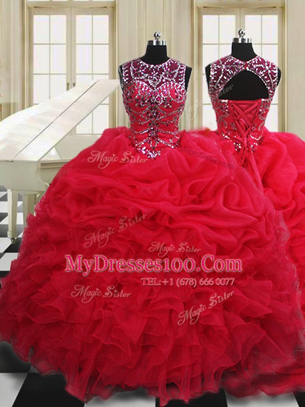 Pretty Scoop Pick Ups Floor Length Ball Gowns Sleeveless Red Vestidos de Quinceanera Lace Up