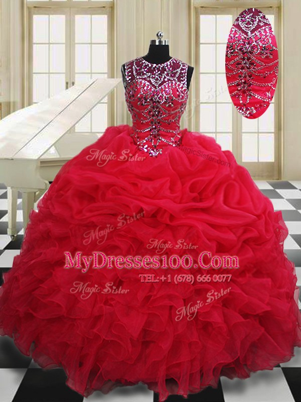 Pretty Scoop Pick Ups Floor Length Ball Gowns Sleeveless Red Vestidos de Quinceanera Lace Up