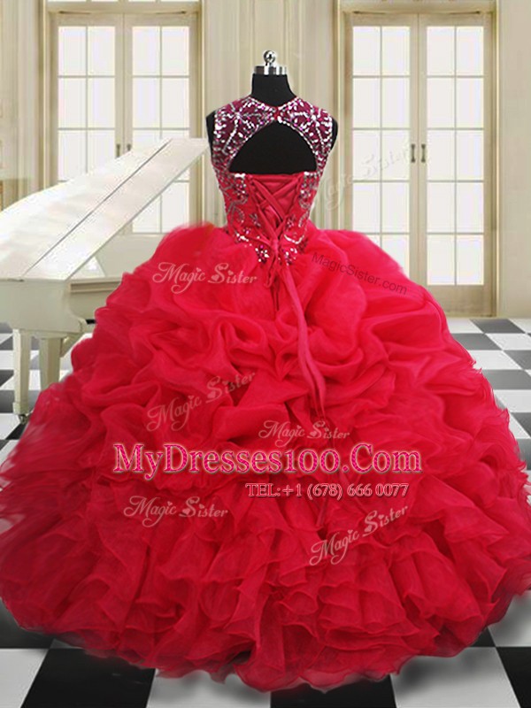 Pretty Scoop Pick Ups Floor Length Ball Gowns Sleeveless Red Vestidos de Quinceanera Lace Up