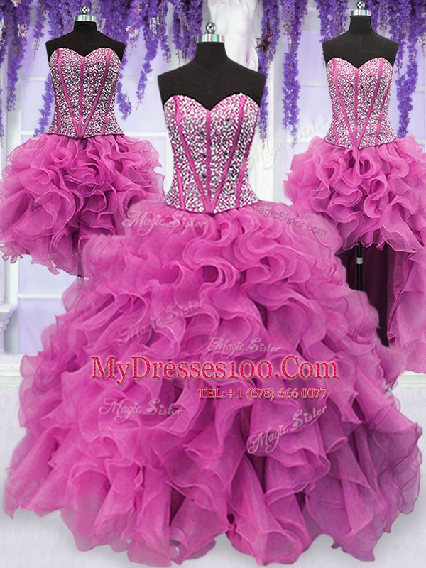 Hot Selling Four Piece Sleeveless Organza Floor Length Lace Up Sweet 16 Dress in Lilac with Ruffles and Sequins