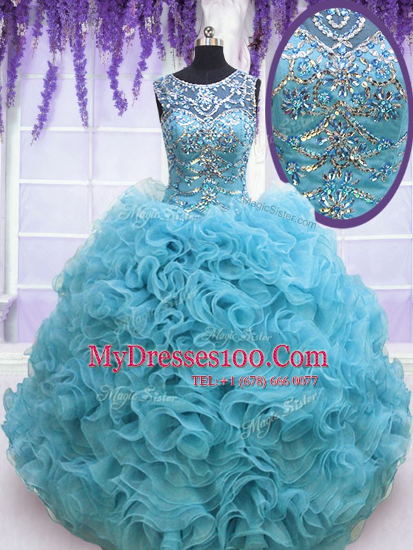 Ideal Square Sleeveless 15 Quinceanera Dress Beading and Ruffles Baby Blue Organza