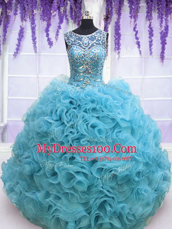 Ideal Square Sleeveless 15 Quinceanera Dress Beading and Ruffles Baby Blue Organza